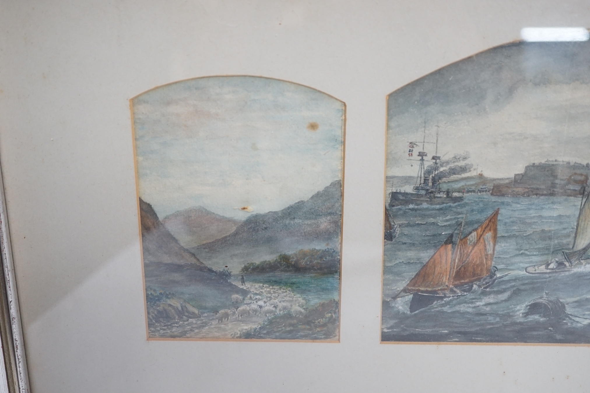 From the Studio of Fred Cuming. 19th century Naïve school, watercolour triptych, Coastal, land and riverscape, unsigned, overall 26 x 56cm. Condition - poor to fair